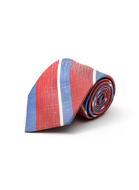 Lt. Red/Periwinkle/Off White Bayadere Stripes Silk Tie