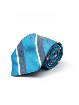 Sky Blue/Denim/Off White Bayadere Stripes Silk Tie