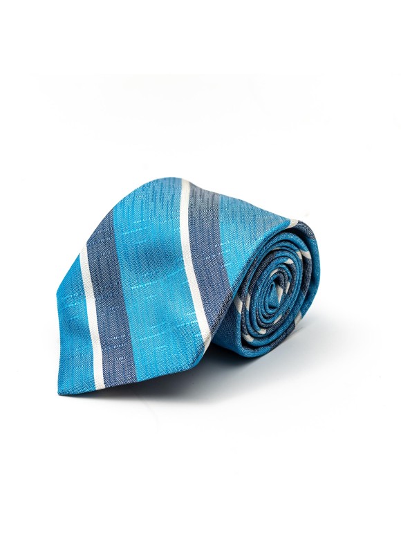 Sky Blue/Denim/Off White Bayadere Stripes Silk Tie