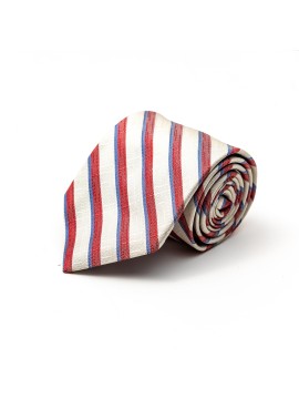 Lt. Red/Periwinkle/Off White Bayadere Stripes Silk Tie