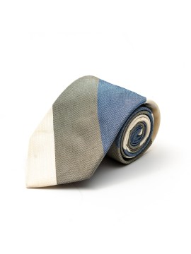 Grey/Beige/Denim Thick Diagonal Stripes Cotton/Silk Tie