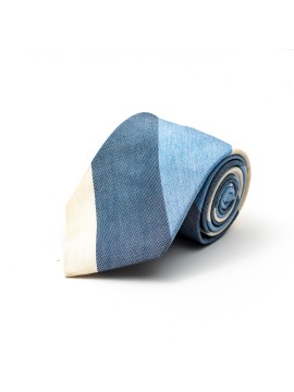 Powder Blue/Beige/Denim Thick Diagonal Stripes Cotton/Silk Tie