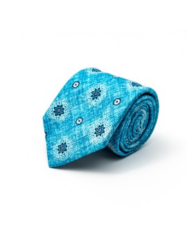 Deep Sky Blue Foulard Silk Shappe Diamante Tie