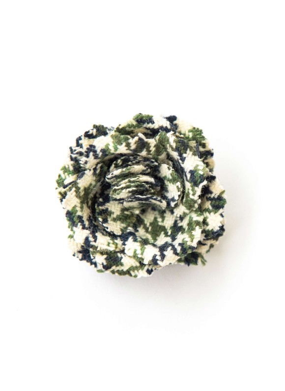 Green/Navy/Cream Tweed Hound’s-Tooth Rose Boutonniere