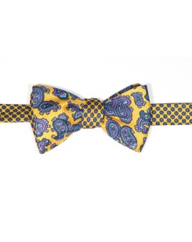 Yellow/Navy Paisley Pines/ Floral Print Reversible Bow Tie