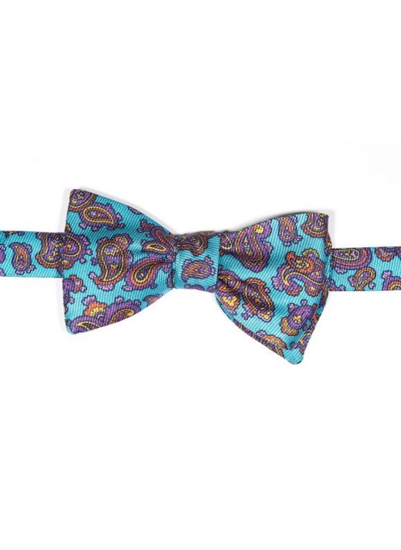 Turquoise/Orange Paisley Pines/ Floral Print Reversible Bow Tie