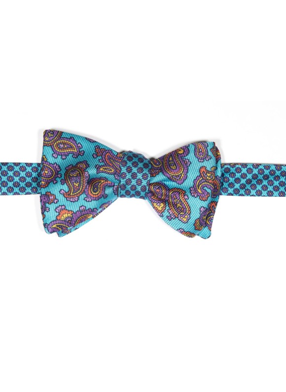 Turquoise/Orange Paisley Pines/ Floral Print Reversible Bow Tie